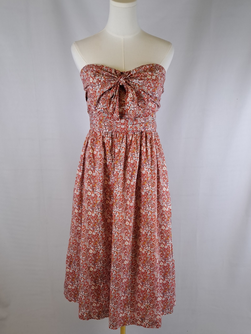 J Crew Red Strapless Ditsy White Floral Tie Front 100% Cotton Midi Dress Size 12